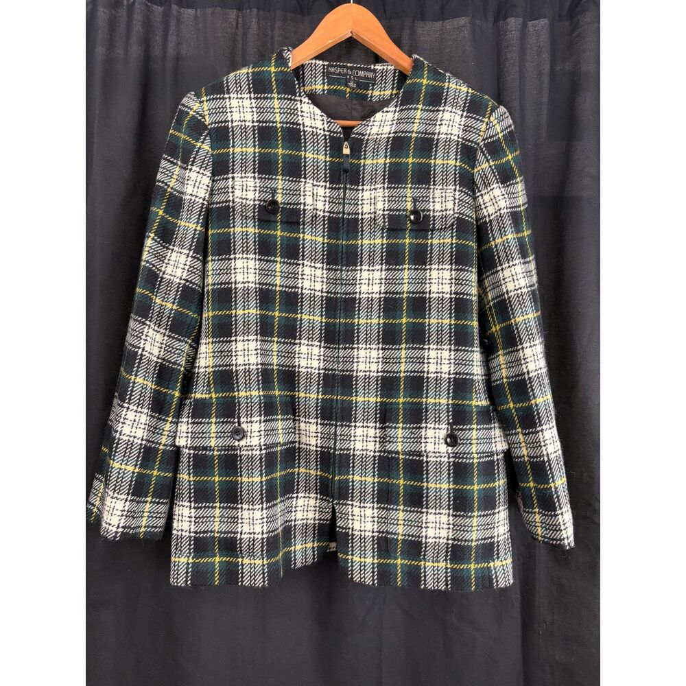 Vintage 80s 90s Kasper & Company ASL Wool Plaid Jacket Blazer Tartan Zip Front